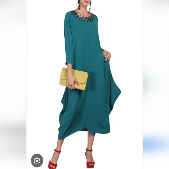 KOOMAL SOOD TEAL MAXI DRESS LONG SLEEVE NECK DETAIL SIZE MEDIUM - Picture 3 of 15